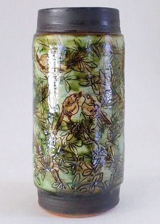 Deborah Prosser - 6pt vase (Gauguin inspired shape) sgraffito story telling drawings under glaze painted with oxides and stains