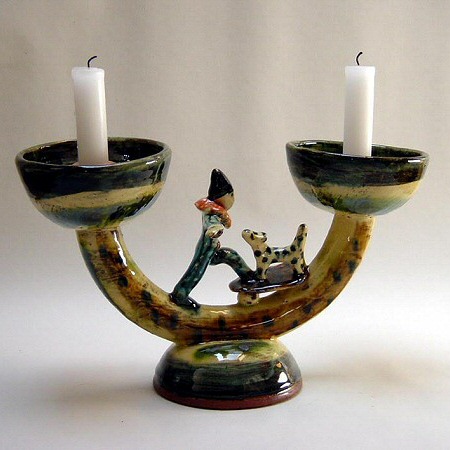 Deborah Prosser - 2 Cup candleholder, clown and dog, glazed earthenware with under-glaze oxides