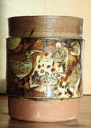 Deborah Prosser - Small Vase with iron bearing slips and oxides on the sgraffito drawn story