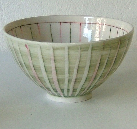 Deborah Prosser - Tea bowl, Pinks n Greens, under-glaze painted